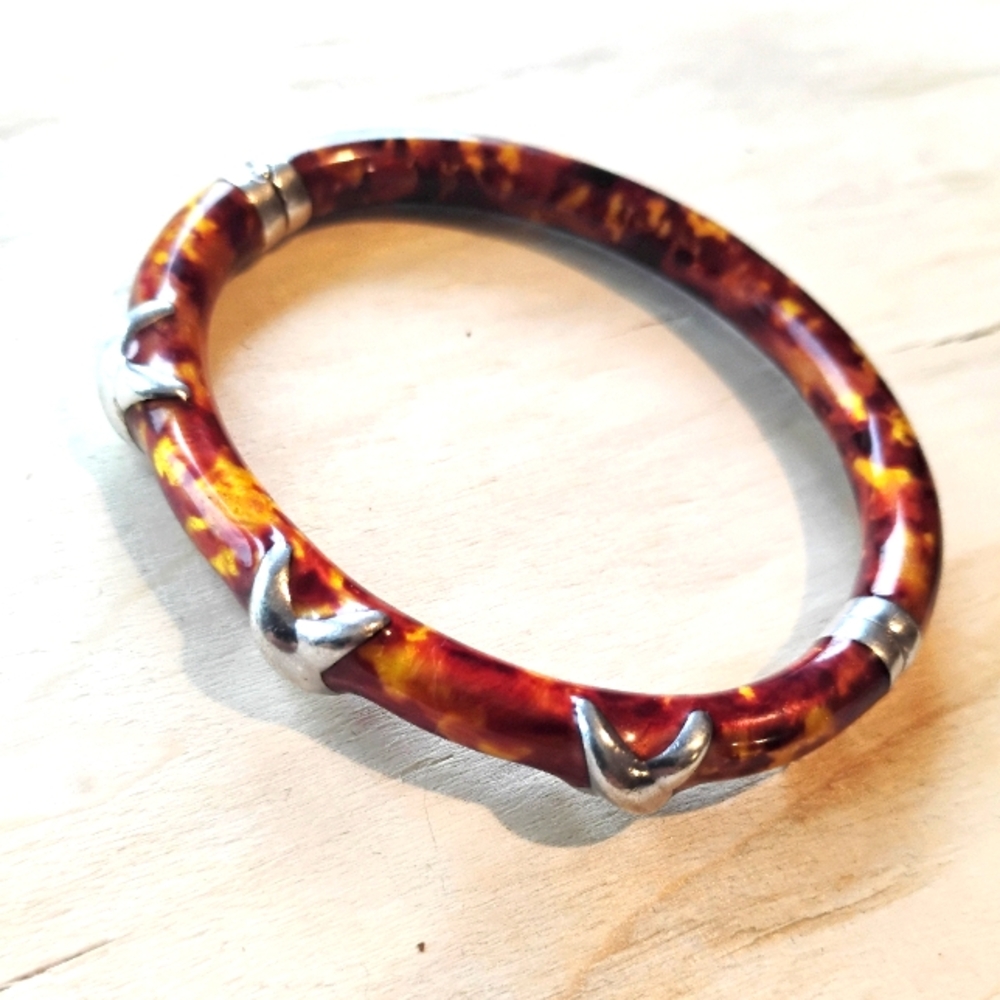 Milor of Italy 925 Silver Enameled Tortoise Shell Hinged Bangle Cuff Bracelet